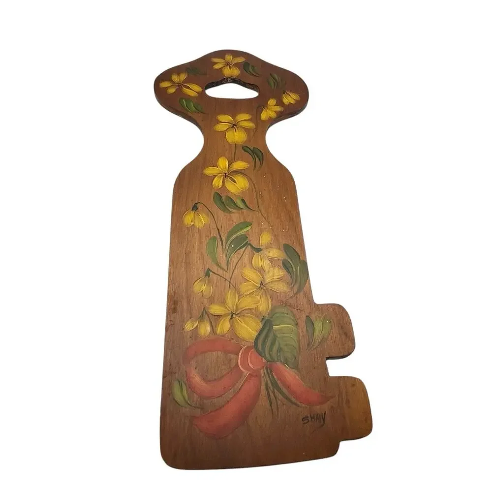 Wooden Key Yellow Flowers Hand Painted Norwegian Folk Art ROSEMALING Signed Shay